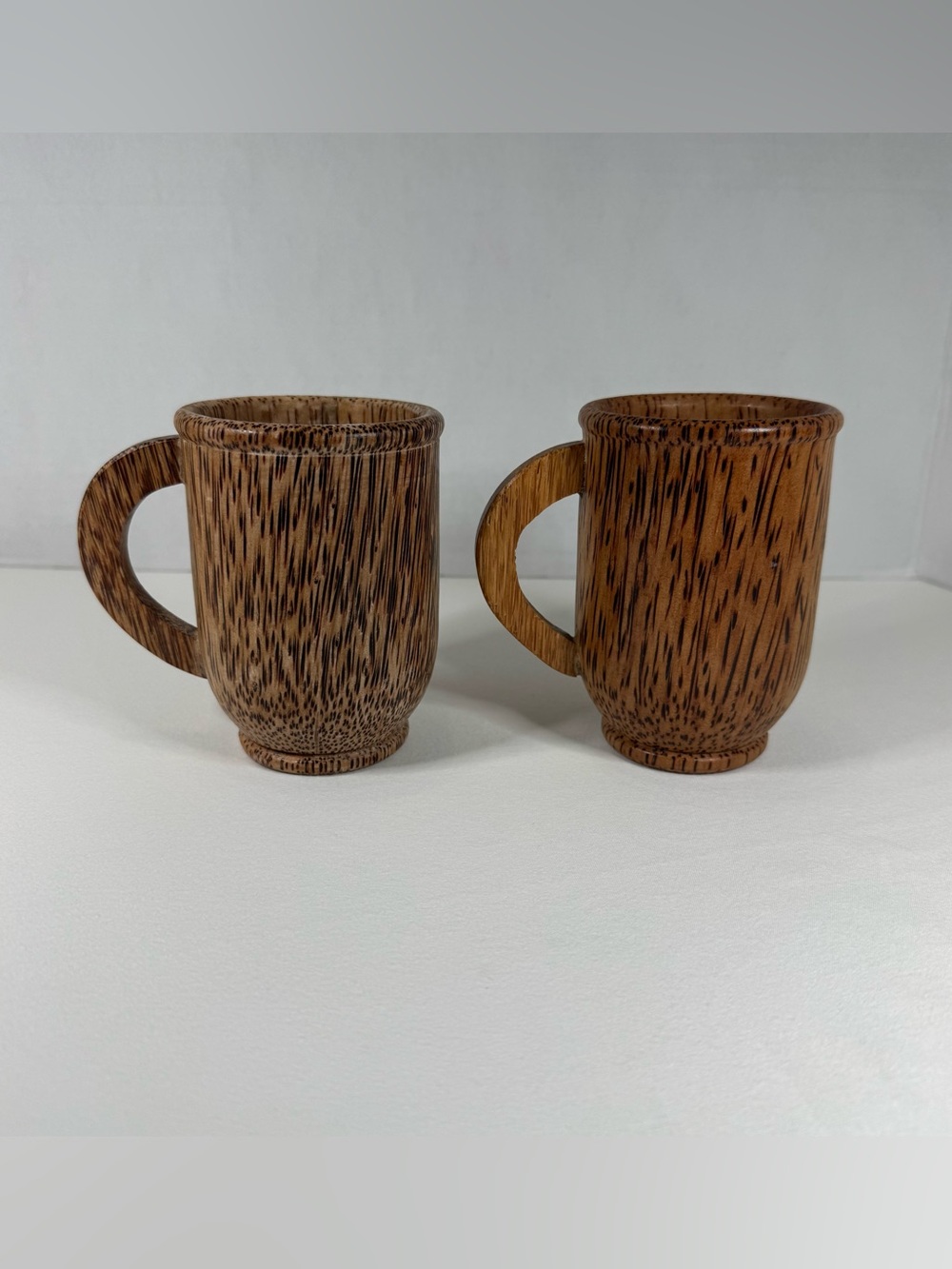 Vintage Coconut Palm Wood Mugs Handcrafted Coffee Cups Set of 2 Boho 4"